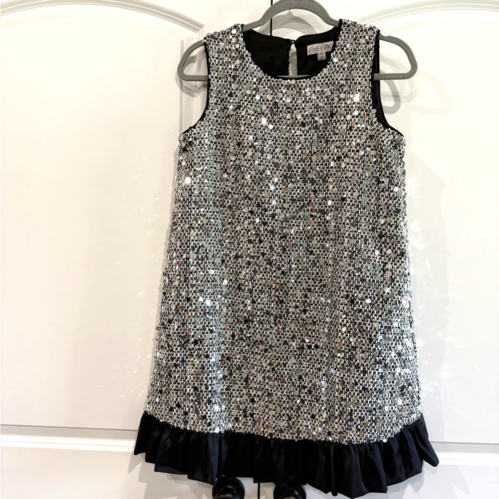 She + Sky Silver Sequin tweed Dress with Black trim